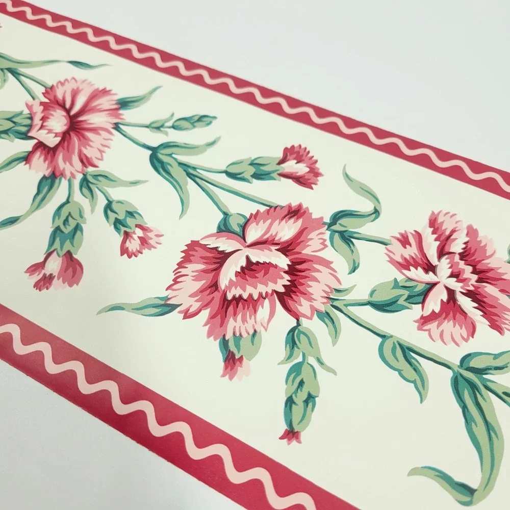 Wavery Red and Pink Carnation Floral Wallpaper Border Scalloped Pattern 3 Rolls